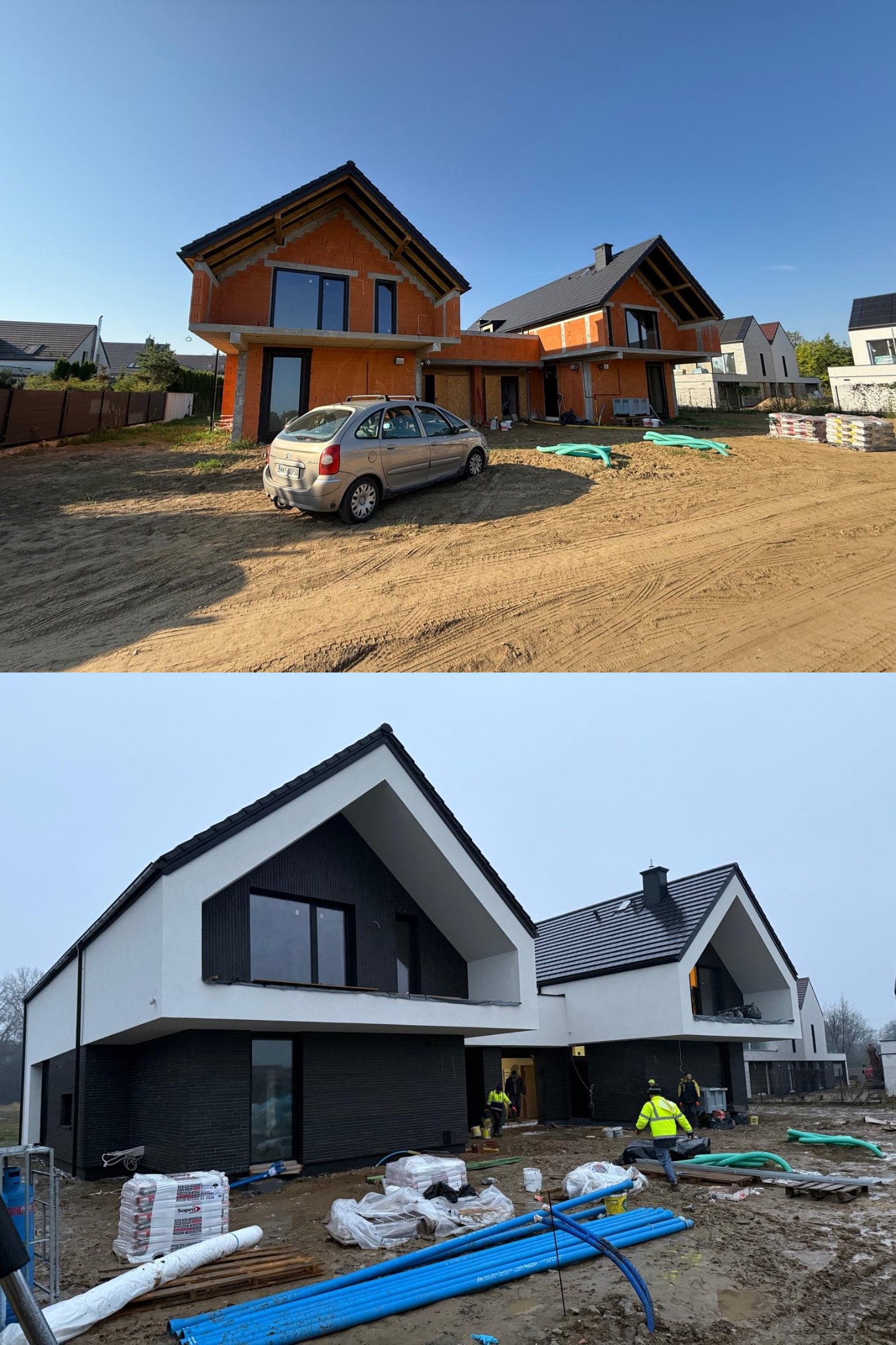 Dwa domy w różnych fazach budowy: jeden w stanie surowym z oknami, drugi z elewacją w czerni i bieli, ukazane w formacie 'przed i po' na tle placu budowy.