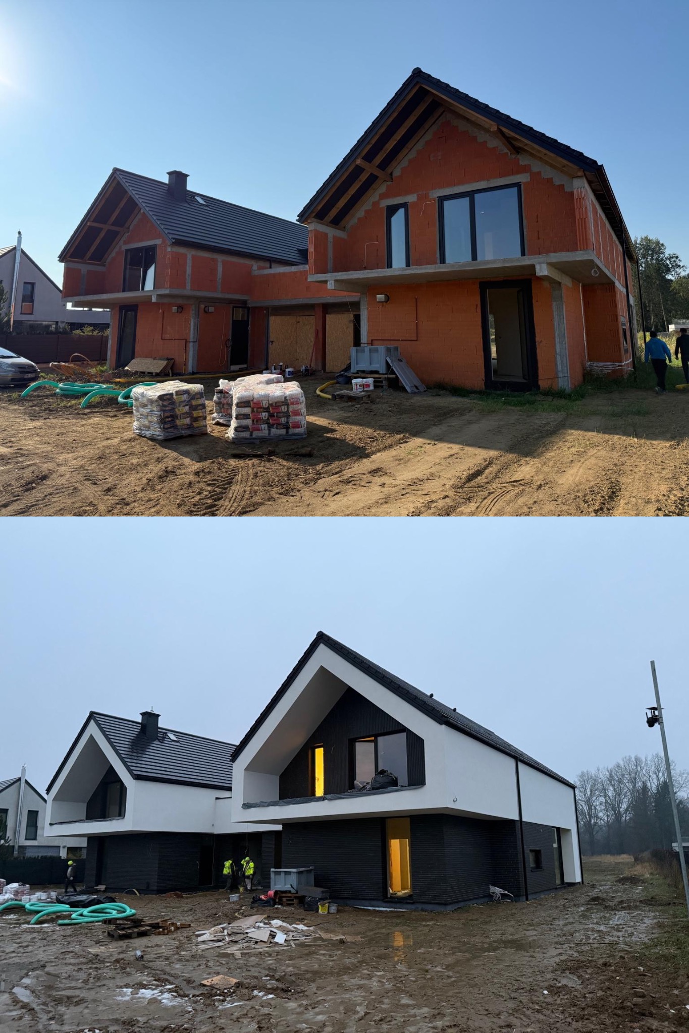 Domy w Długosiodle: porównanie stanu surowego i wykończonego. Widoczne etapy budowy, od cegły po elewację. Ujęcie typu 'przed i po' prezentuje postęp prac.