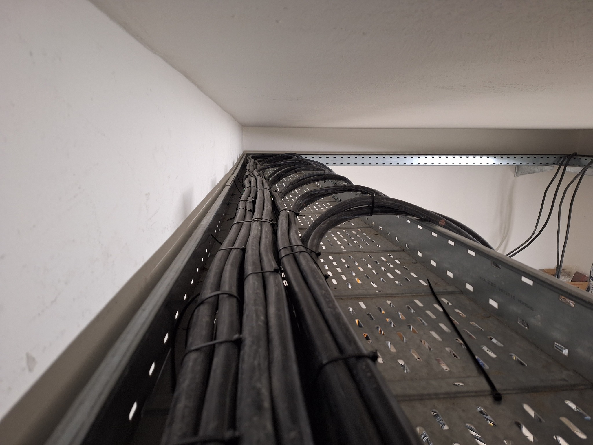 Rząd czarnych kabli elektrycznych ułożonych w metalowej perforowanej korycie kablowej, przymocowanych opaskami zaciskowymi, widok z dołu.