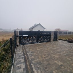 NA PILOTA ŁUKASZ ZAJĄKAŁA - Automatyczna brama wjazdowa z motywem roślinnym, zamontowana na posesji z kostką brukową w mglisty dzień.