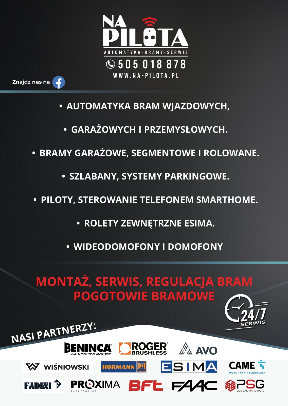 Grafika reklamowa firmy z Chełmna oferującej montaż, serwis i regulację bram wjazdowych, garażowych, przemysłowych oraz domofonów i wideodomofonów, wraz z listą partnerów.