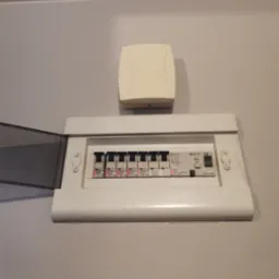 Rozdzielnica elektryczna z otwartą osłoną, zamontowana na szarej ścianie, widoczny biały moduł nad nią.