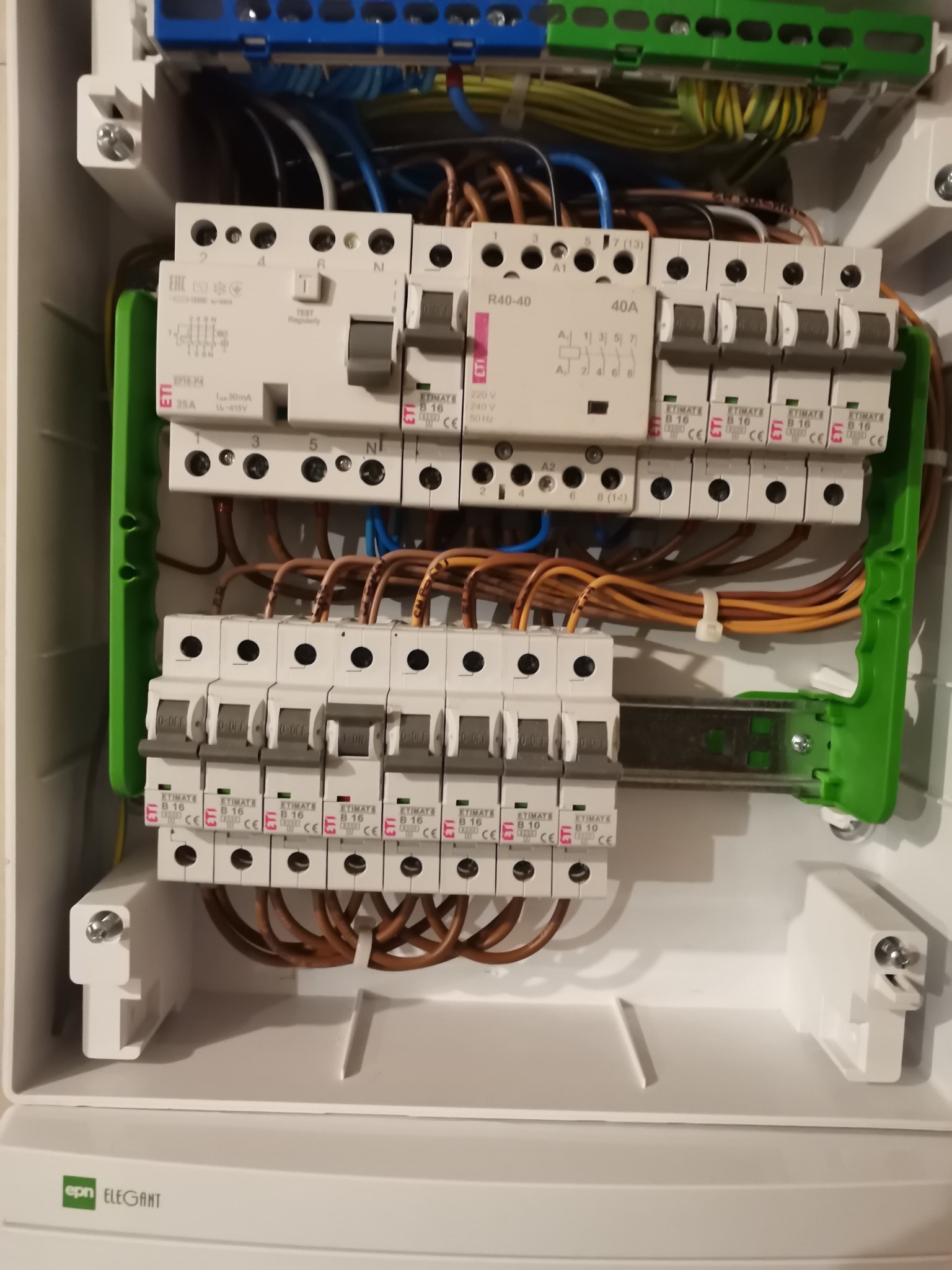 Rozdzielnica elektryczna w białej obudowie z widocznymi bezpiecznikami ETI i przewodami w różnych kolorach, zamontowana na zielonej szynie DIN.