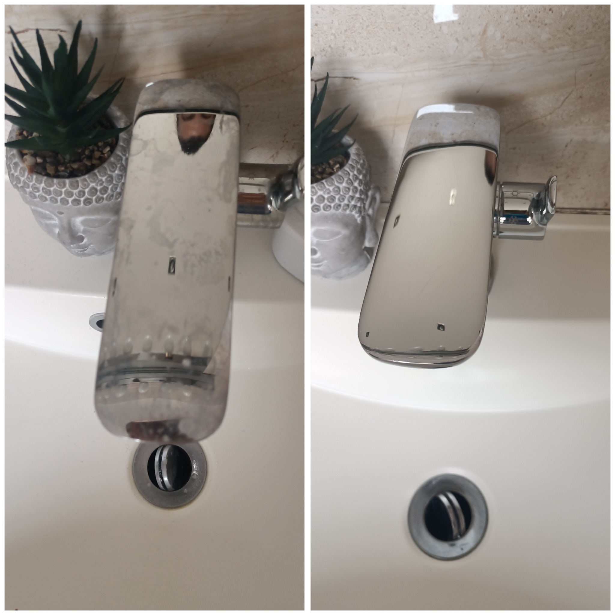 Porównanie baterii umywalkowej przed i po czyszczeniu, widoczne osady kamienia usunięte, obok dekoracyjna doniczka w kształcie głowy Buddy.