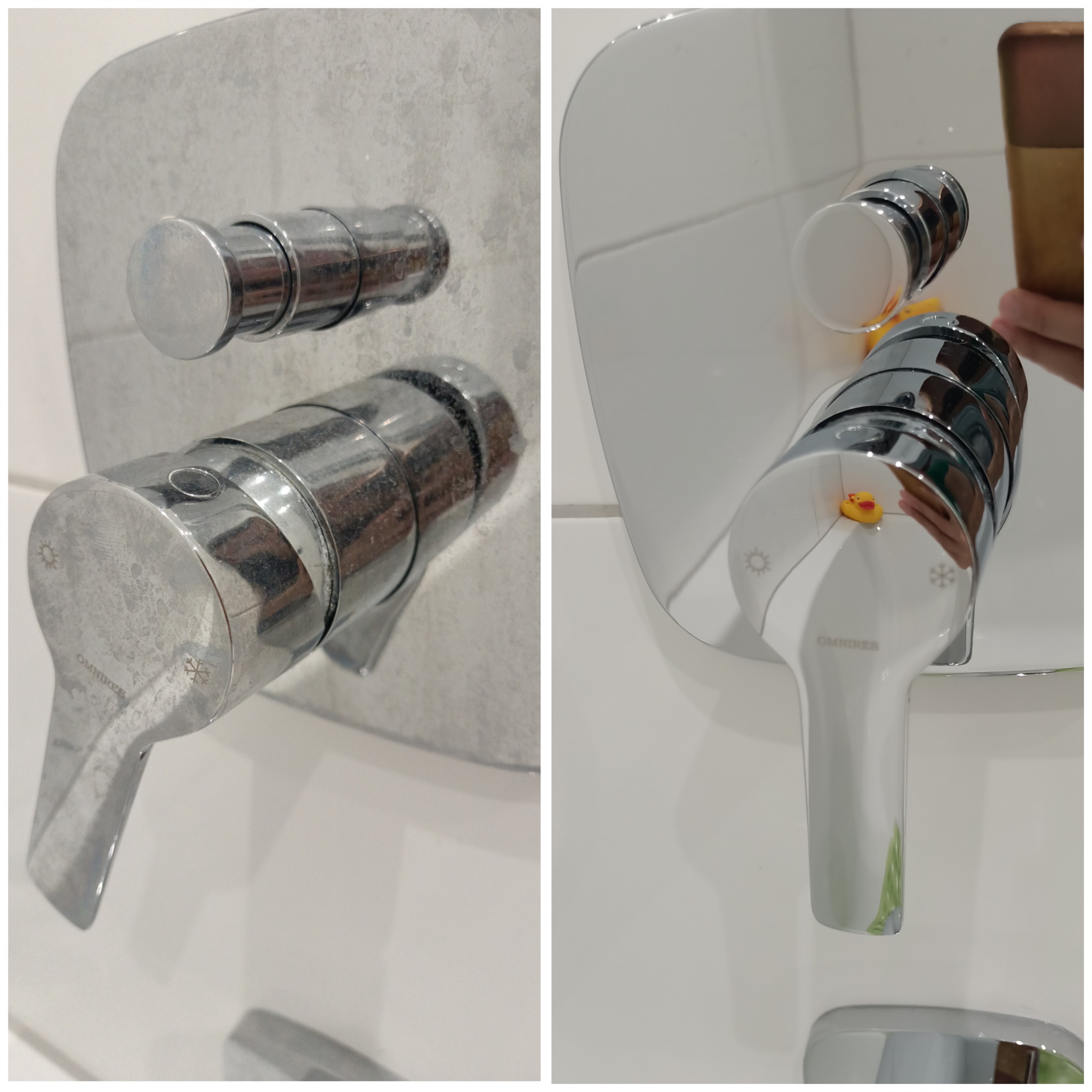 Porównanie baterii łazienkowej przed i po czyszczeniu, widoczne osady kamienia usunięte z chromowanej powierzchni, bateria marki Omnires.