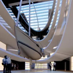 Wnętrze nowoczesnego biura z łodzią zawieszoną pod sufitem, widoczni ludzie podziwiający instalację, przeszklony dach wpuszcza naturalne światło.