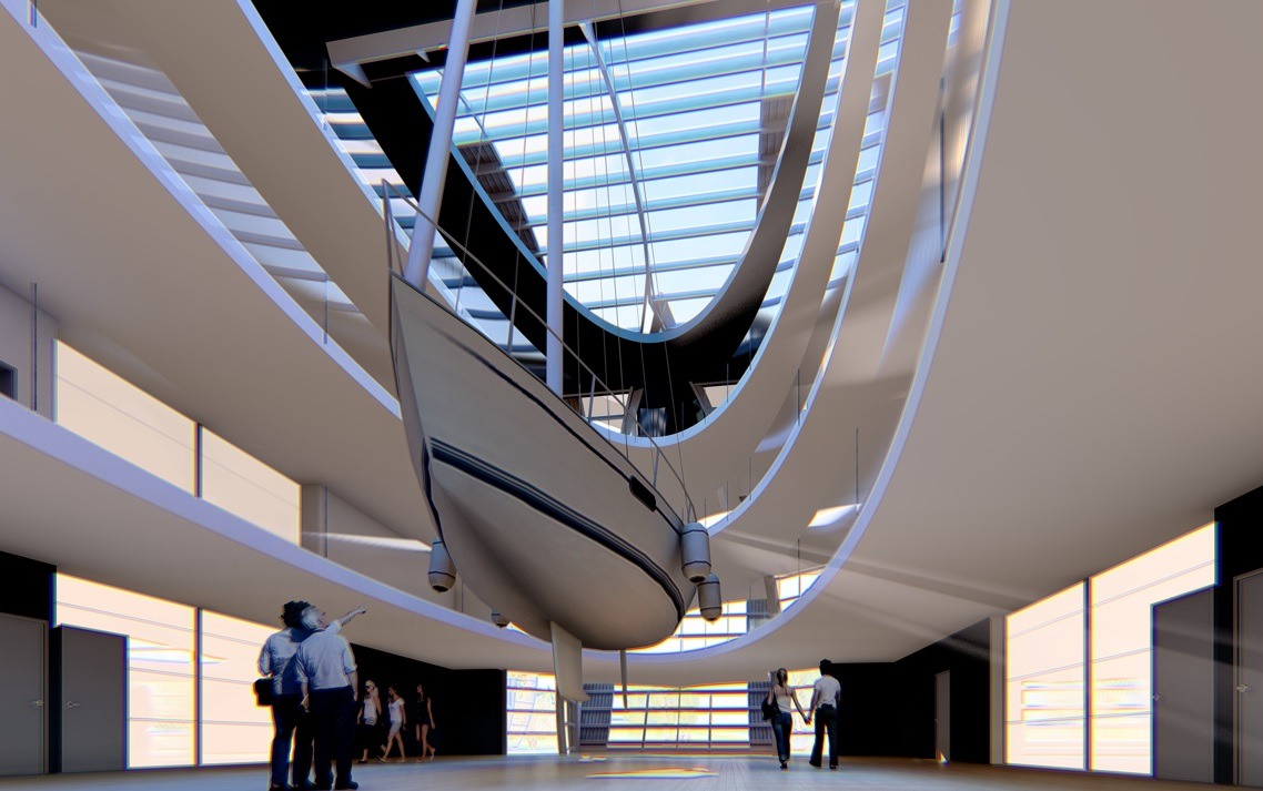 Wnętrze nowoczesnego biura z łodzią zawieszoną pod sufitem, widoczni ludzie podziwiający instalację, przeszklony dach wpuszcza naturalne światło.