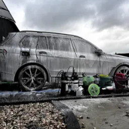 Szary SUV pokryty pianą myjącą, widoczne czarne felgi, obok stoją wiadra, butelki i spryskiwacze do czyszczenia samochodów, w tle pochmurne niebo.