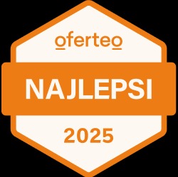 Pomarańczowa odznaka Oferteo 'Najlepsi 2025' z charakterystycznym logo i rokiem, umieszczona na białym tle. Symbol jakości i wyróżnienia dla wykonawców.