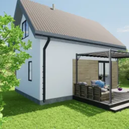 Wizualizacja domu z płaskim dachem, z tarasem z pergolą i grillem, otoczonego zielonym trawnikiem i drzewami.