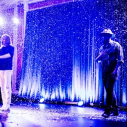Dwóch mężczyzn na scenie w niebieskim oświetleniu, podczas występu z efektem padającego śniegu.