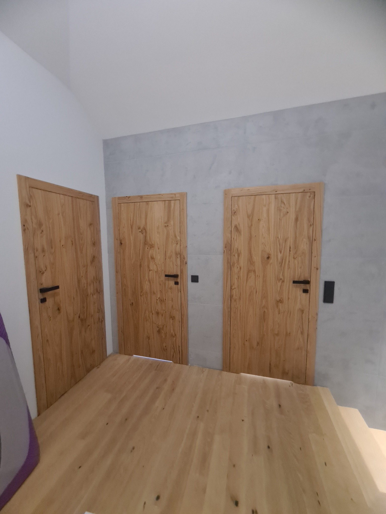 Trzy drewniane drzwi z czarnymi klamkami w nowym wnętrzu z szarą, betonową ścianą i drewnianą podłogą.