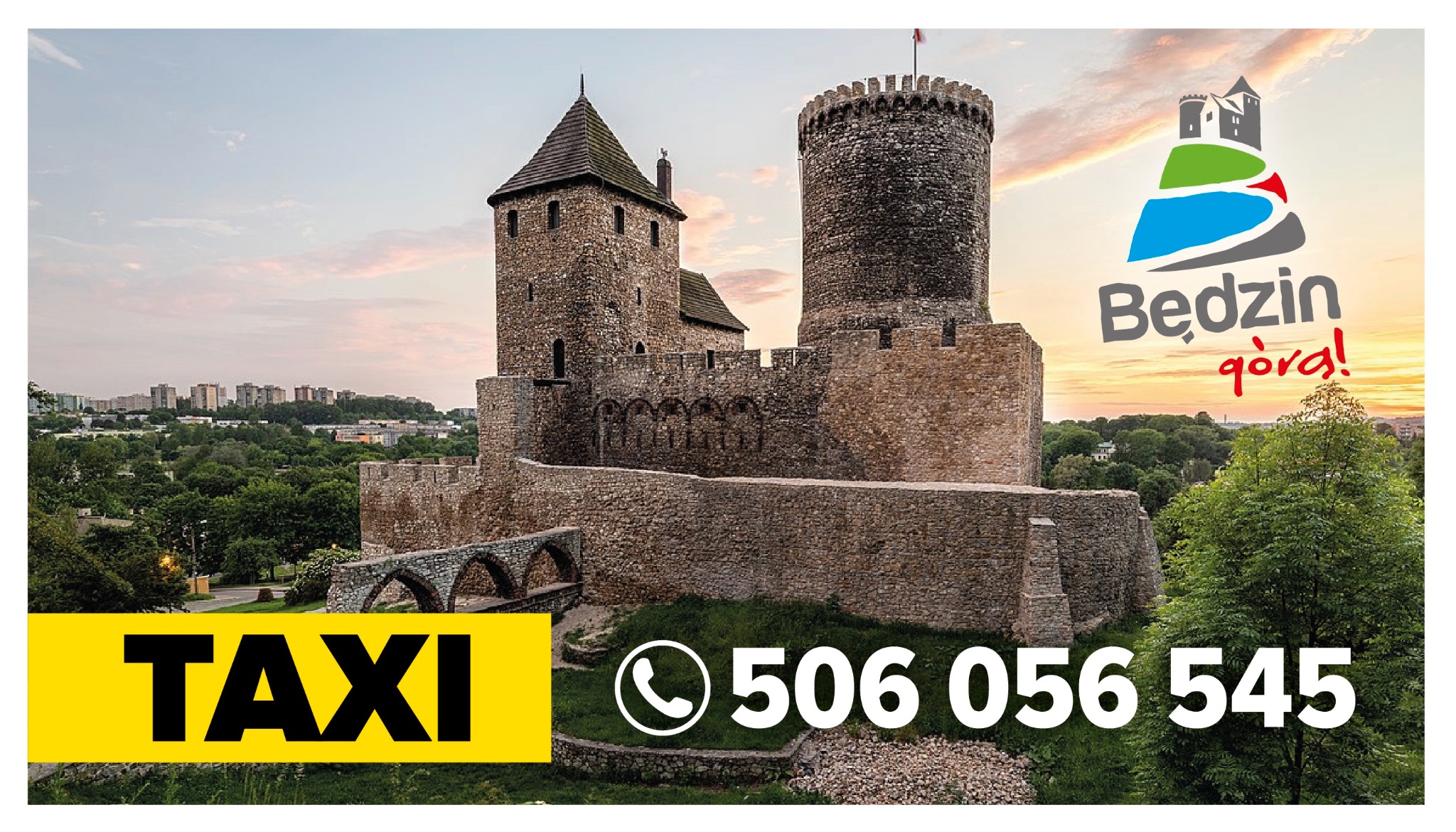 Reklama Taxi Będzin na tle zamku w Będzinie i panoramy miasta o zmierzchu, z numerem telefonu.