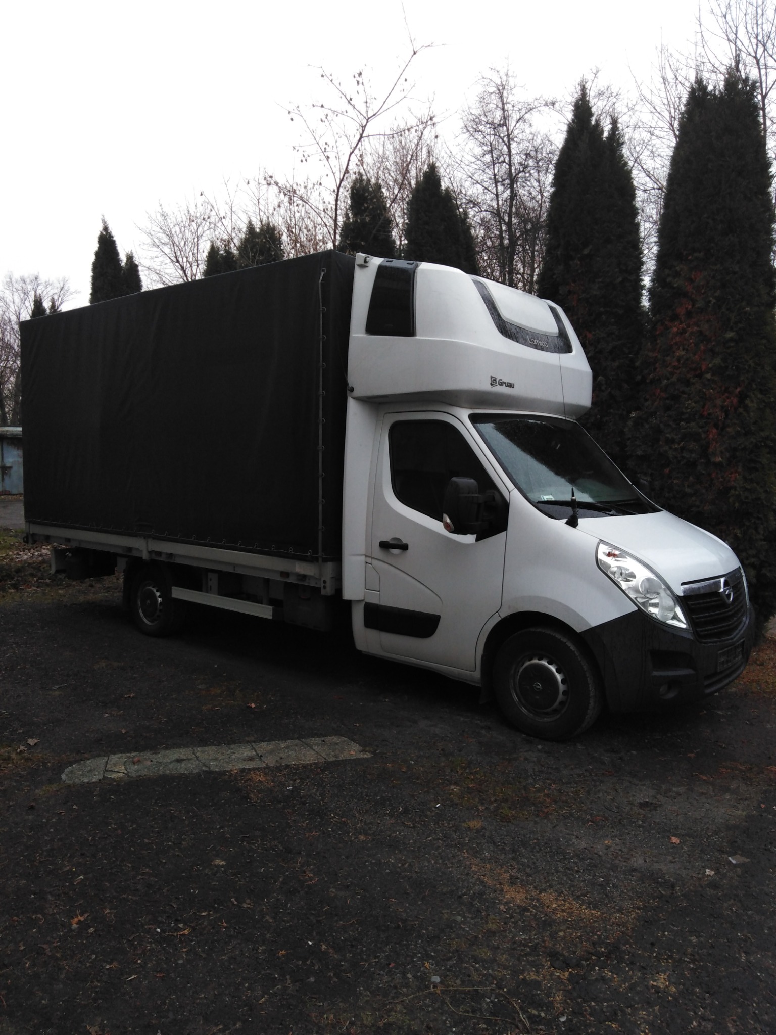 Biały samochód dostawczy z czarną plandeką na pace, zaparkowany na ziemi, w tle wysokie tuje i drzewa bez liści.