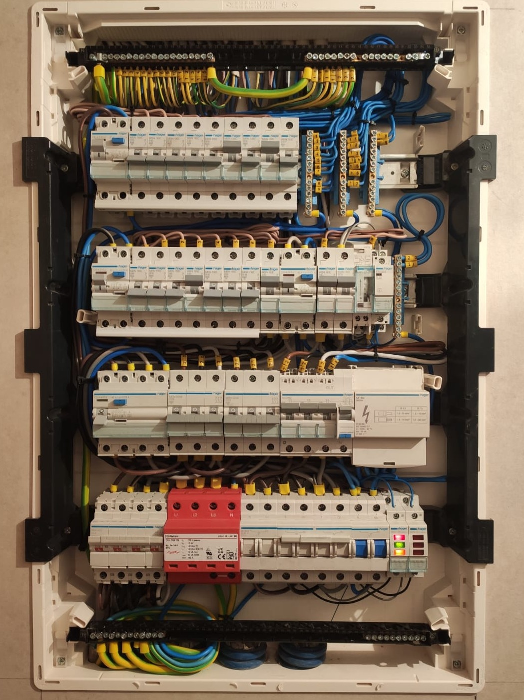 Rozdzielnica elektryczna w domku jednorodzinnym z przełącznikiem źródła zasilania sieć-agregat.
