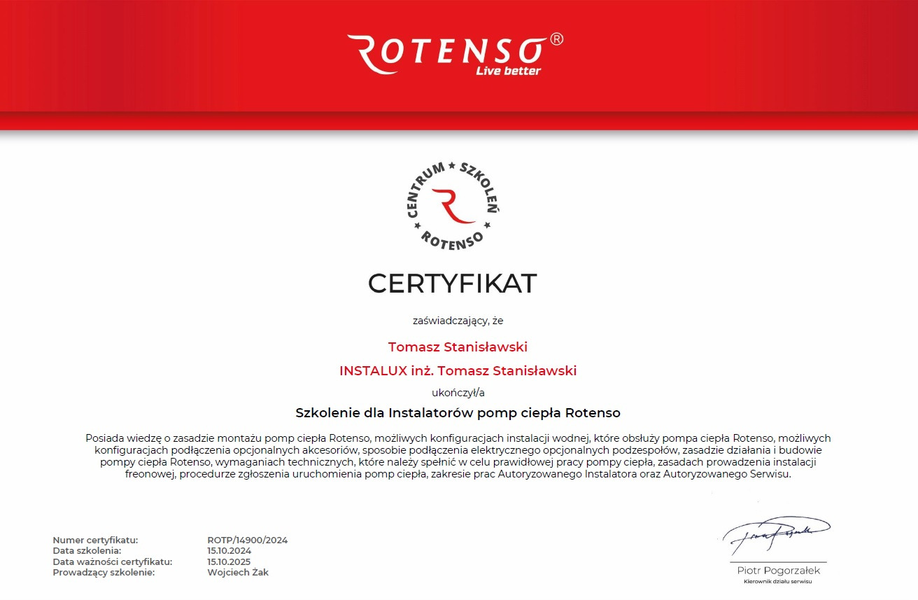 Certyfikat ukończenia szkolenia dla instalatorów pomp ciepła Rotenso, wydany dla Tomasza Stanisławskiego z firmy INSTALUX, z numerem certyfikatu, datą szkolenia i ważności, podpisany przez...