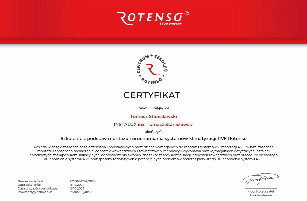 Certyfikat ukończenia szkolenia z montażu i uruchamiania systemów klimatyzacji RVF Rotenso dla Tomasza Stanisławskiego z firmy INSTALUX.