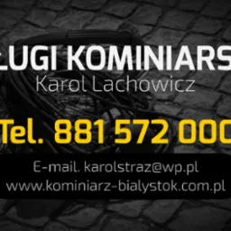 Wizytówka firmy oferującej usługi czyszczenia przewodów kominowych, z numerem telefonu i adresem strony internetowej na tle muru z kamienia i narzędzi kominiarskich.