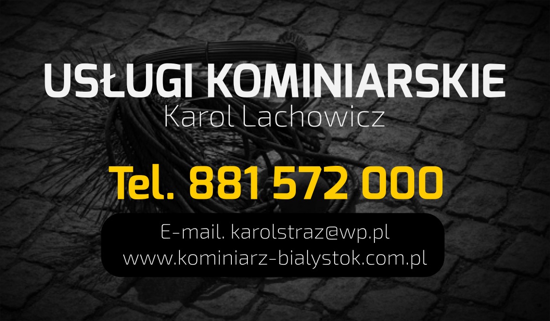 Wizytówka firmy oferującej usługi czyszczenia przewodów kominowych, z numerem telefonu i adresem strony internetowej na tle muru z kamienia i narzędzi kominiarskich.