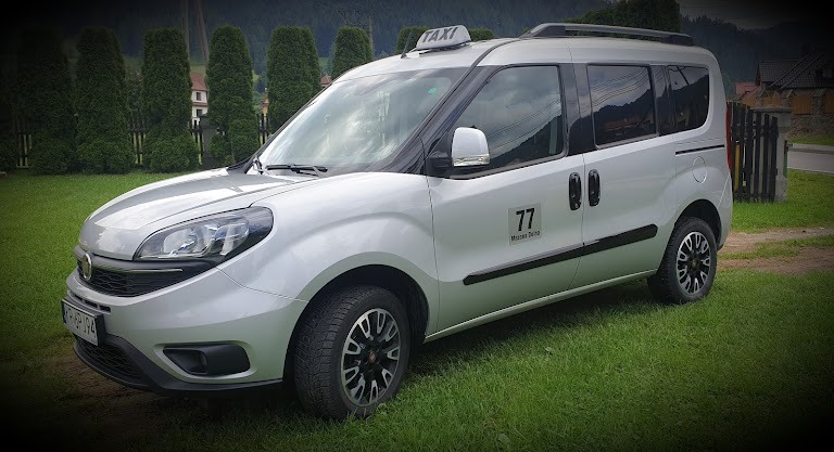 Srebrny van z napisem TAXI na dachu, numer 77 i nazwą 'Mszana Dolna' na boku, zaparkowany na trawie z widokiem na góry i drzewa w tle.