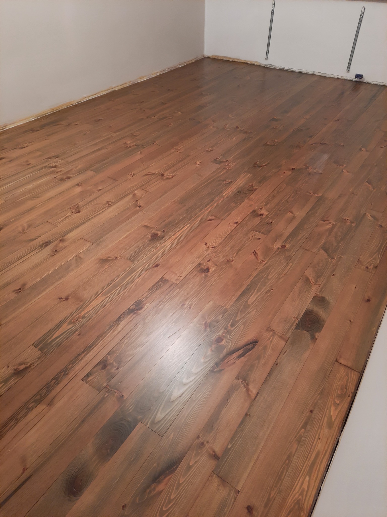 Świeżo położona, lakierowana podłoga z desek o ciepłym, brązowym odcieniu w pustym pomieszczeniu. Widoczne ślady po taśmie malarskiej przy ścianach.