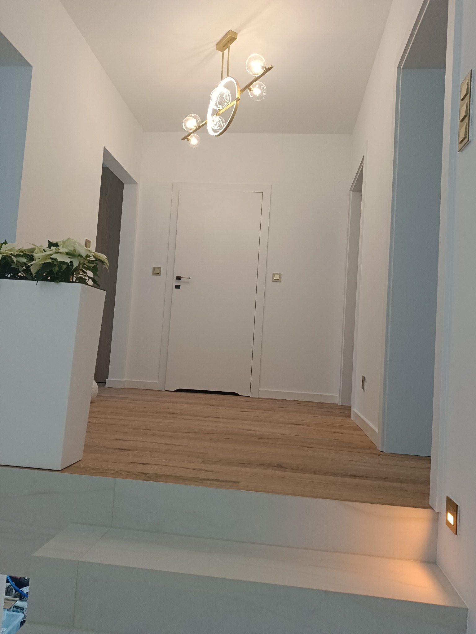 Nowoczesny korytarz z drewnianą podłogą, białymi ścianami i designerską lampą sufitową. Minimalistyczny wystrój z rośliną w białej donicy i subtelnym oświetleniem schodów.