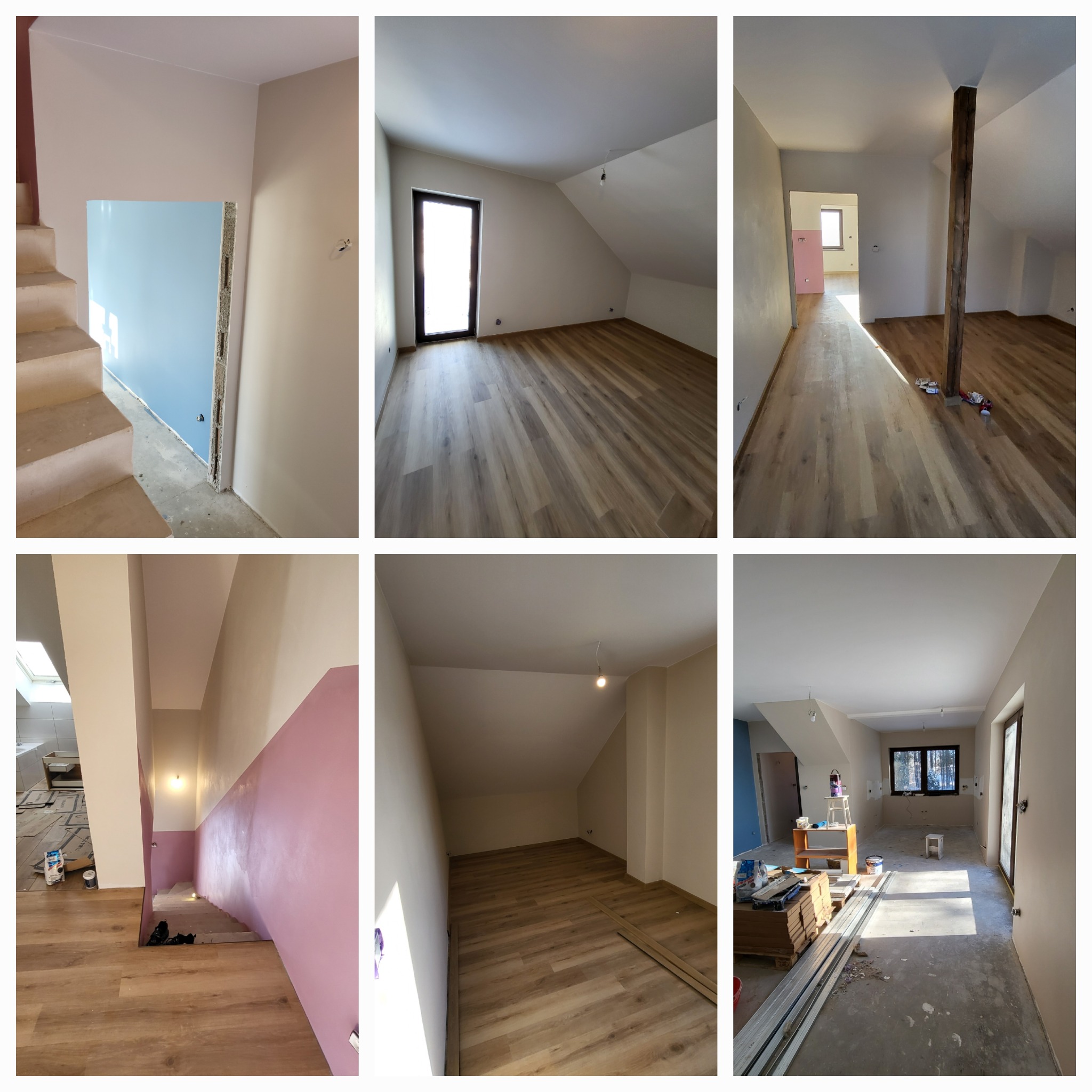 Wnętrze poddasza po remoncie: świeżo położone panele, pomalowane ściany na różne kolory (różowy, niebieski, beżowy), widoczne schody i okna, częściowo jeszcze w trakcie prac wykończeniowych.