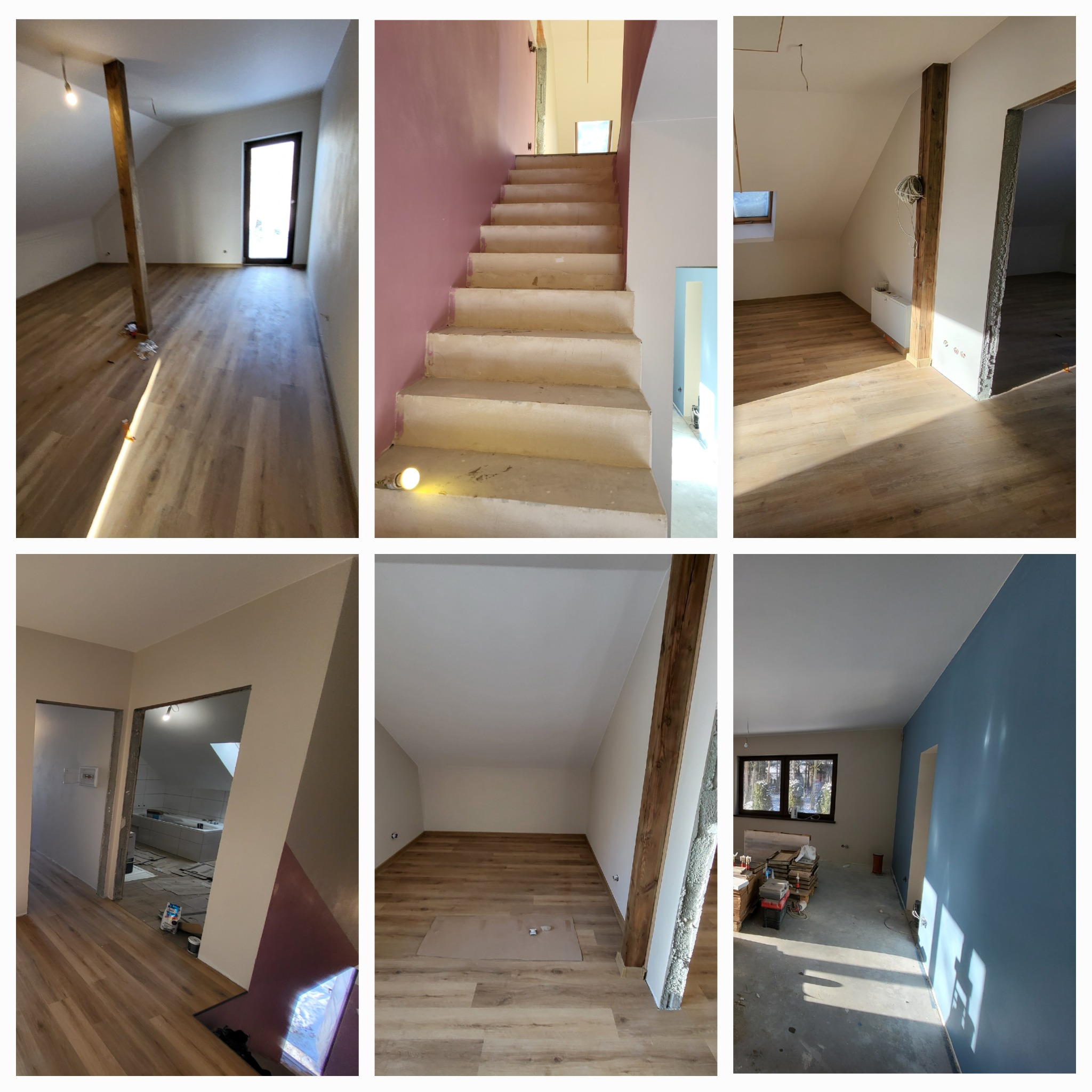 Kolaż zdjęć z remontu poddasza: pokoje z drewnianą podłogą i surowymi drewnianymi belkami, schody w trakcie wykańczania, łazienka w budowie oraz pokój z pomalowaną na niebiesko ścianą.