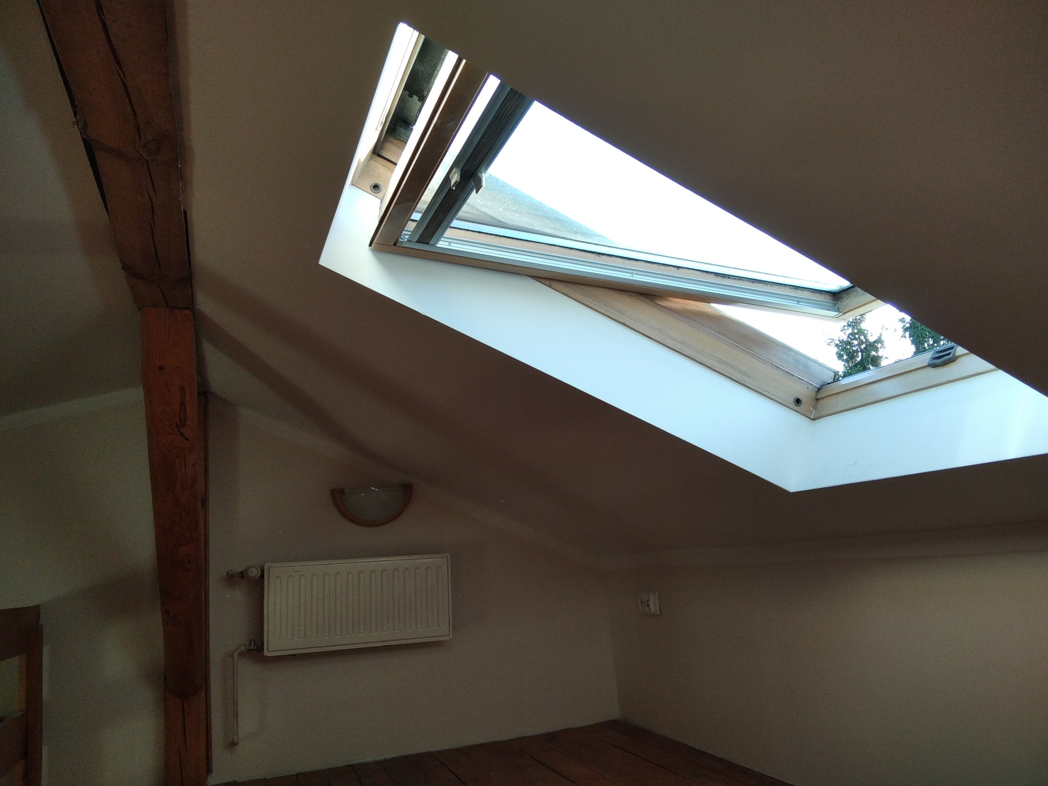 Poddasze z drewnianą podłogą, grzejnikiem i oknem dachowym z widokiem na drzewa na zewnątrz.