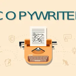 Stylizowana ilustracja przedstawiająca maszynę do pisania z kartką, na której widnieje rysunek ołówka i pióra, otoczona ikonami związanymi z pisaniem i tworzeniem treści, na tle w linie.