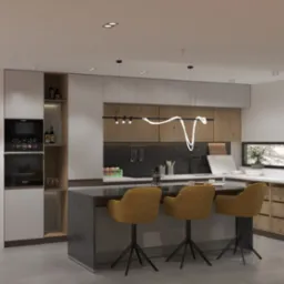 Wizualizacja nowoczesnej kuchni z wyspą, żółte krzesła barowe, drewniane fronty szafek, czarny blat, oświetlenie punktowe i dekoracyjna lampa nad wyspą, bonsai na parapecie okna.