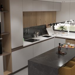 INCGI LTD - Nowoczesna kuchnia z wyspą, fronty szafek w odcieniach szarości i drewna, czarny blat wyspy z śniadaniem, złote krzesła, okno z widokiem na zieleń, zabudowany piekarnik i mikrofalówka marki Bosch.