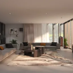 Przestronny salon z szarymi sofami, marmurkowym dywanem, ciemnymi stolikami kawowymi i regałem na książki, oświetlony naturalnym światłem z dużych okien.