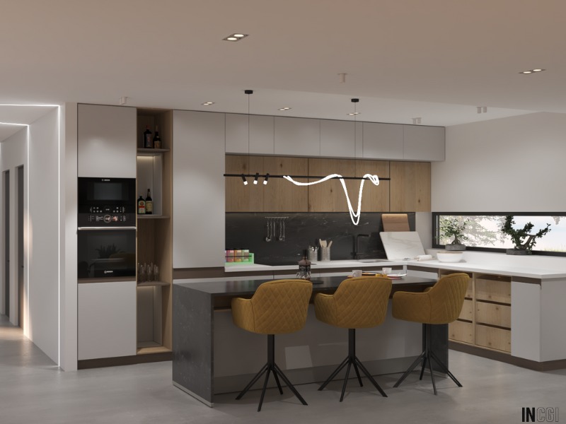 Wizualizacja nowoczesnej kuchni z wyspą, żółte krzesła barowe, drewniane fronty szafek, czarny blat, oświetlenie punktowe i dekoracyjna lampa nad wyspą, bonsai na parapecie okna.