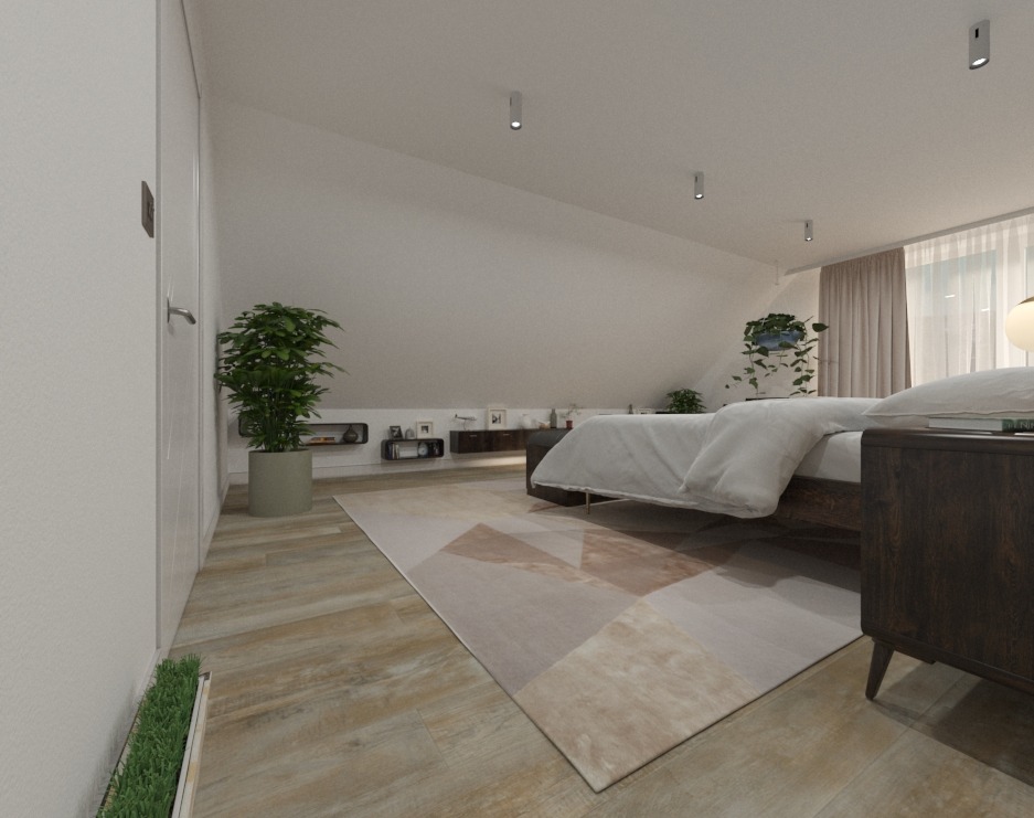 Jasna sypialnia na poddaszu z łóżkiem z ciemnego drewna, dywanem w geometryczne wzory i roślinami doniczkowymi, oświetlona punktowymi lampami sufitowymi i naturalnym światłem z okna.