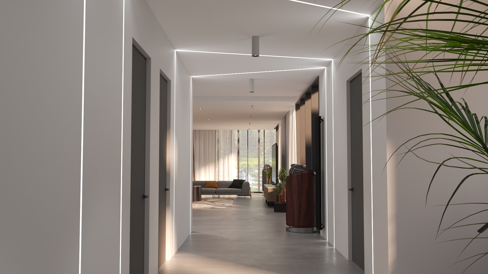 Nowoczesny korytarz z podświetleniem LED wzdłuż ścian i sufitu, widok na salon z szarą sofą i dużym oknem, w tle zielona roślina doniczkowa.