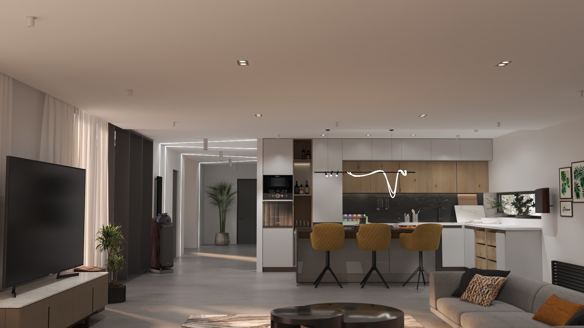 Nowoczesne wnętrze otwartego salonu z kuchnią, z widocznymi elementami dekoracyjnymi, takimi jak rośliny doniczkowe, obrazy na ścianie i designerskie lampy.