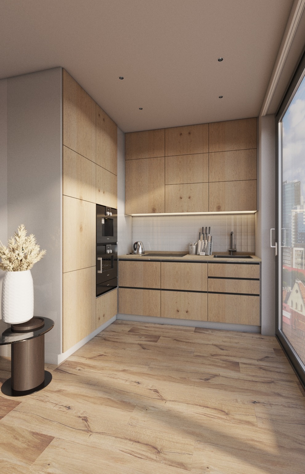 Jasna, minimalistyczna kuchnia z drewnianymi frontami szafek, czarnym piekarnikiem w zabudowie i widokiem na miasto przez duże okno. Na pierwszym planie dekoracyjny wazon z suszonymi kwiatami...