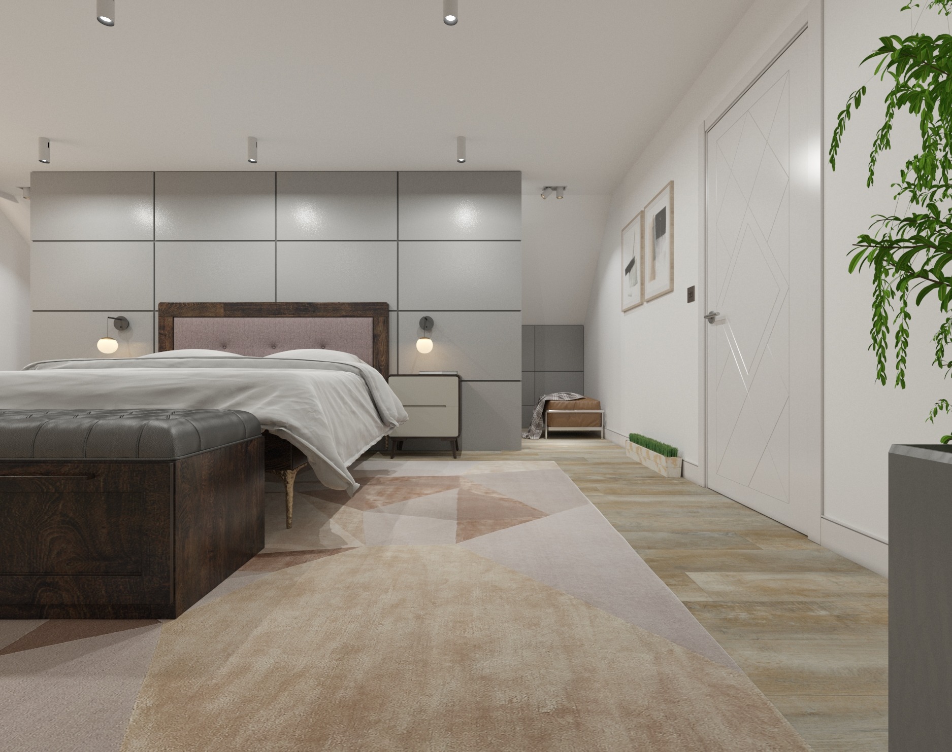 Nowoczesna sypialnia z łóżkiem kontynentalnym, drewnianą ramą i tapicerowanym zagłówkiem, szarą ścianą panelową, dywanem w geometryczne wzory i rośliną doniczkową w rogu