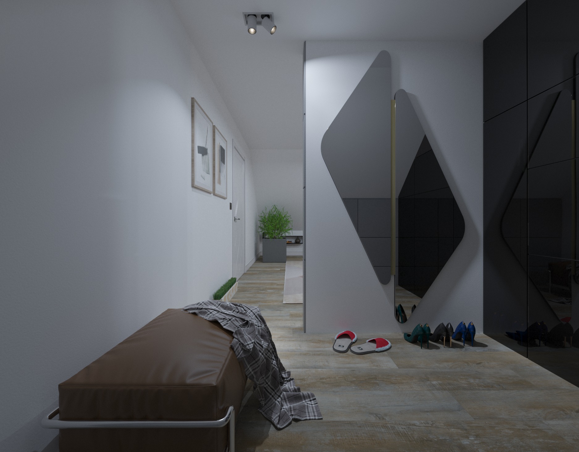 Nowoczesny przedpokój z brązową ławką, szarą narzutą, asymetrycznym lustrem i kolekcją butów, oświetlony punktowo