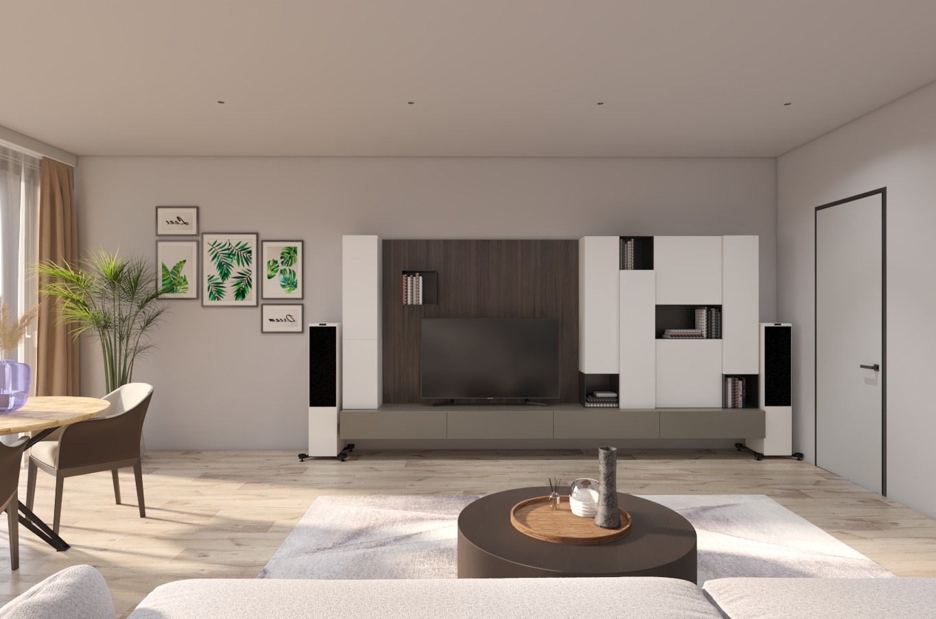 Nowoczesny salon z minimalistyczną zabudową telewizyjną, okrągłym stolikiem kawowym na wzorzystym dywanie, drewnianym parkietem i dekoracjami roślinnymi w postaci obrazków i dużej rośliny doniczkowej.