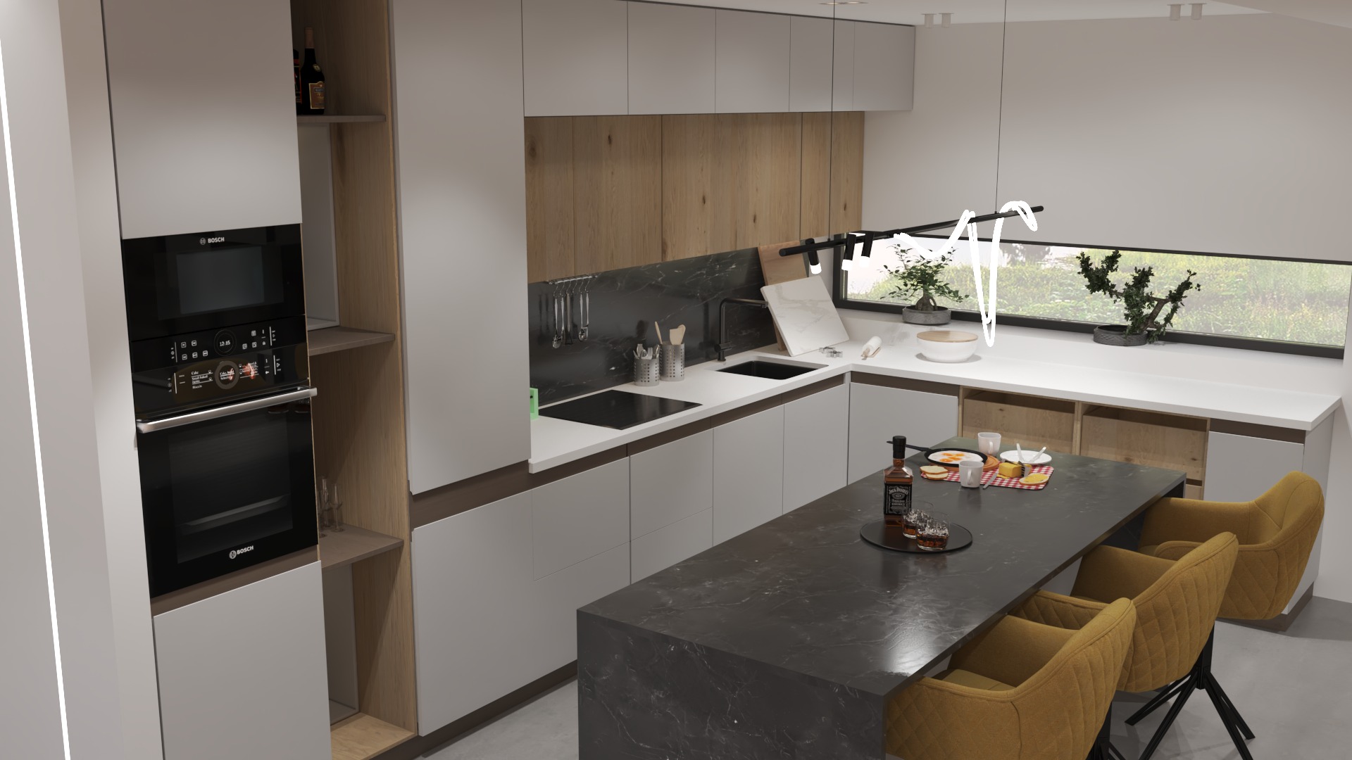 Nowoczesna kuchnia z wyspą, fronty szafek w odcieniach szarości i drewna, czarny blat wyspy z śniadaniem, złote krzesła, okno z widokiem na zieleń, zabudowany piekarnik i mikrofalówka marki Bosch.