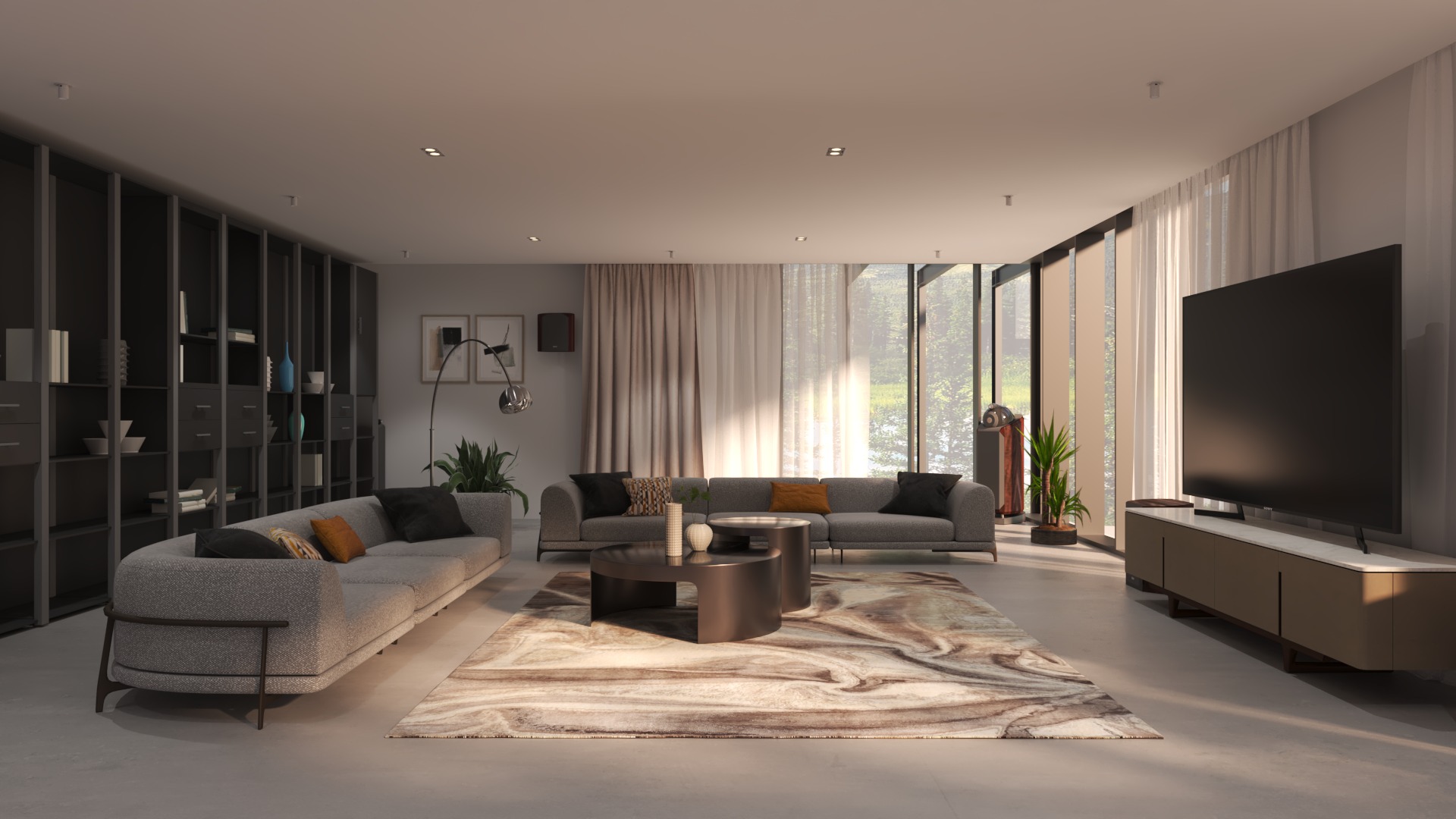 Przestronny salon z szarymi sofami, marmurkowym dywanem, ciemnymi stolikami kawowymi i regałem na książki, oświetlony naturalnym światłem z dużych okien.