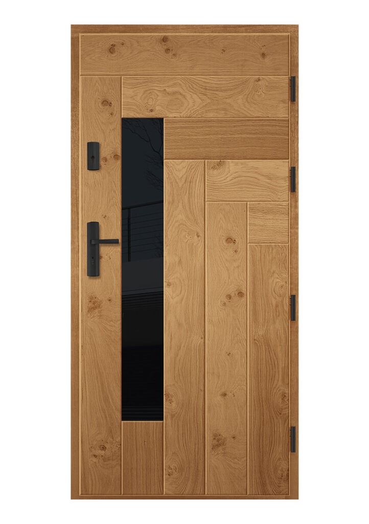 Stylowe drzwi z jasnego drewna z prostokątnym, pionowym przeszkleniem w kolorze czarnym, widoczne czarne okucia i zawiasy, wzór ułożony z paneli w różnych kierunkach.