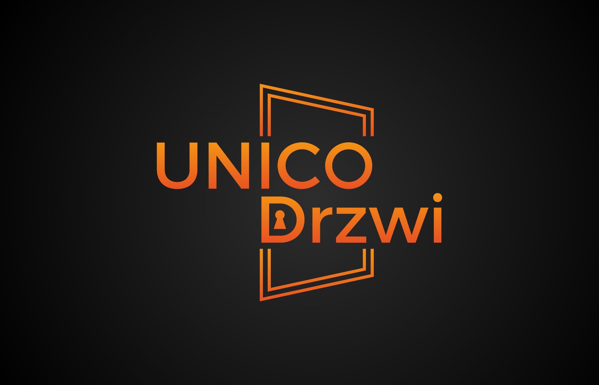 Pomarańczowe logo firmy 'UNICO Drzwi' na czarnym tle, z symbolem klucza w literze 'D' i graficzną reprezentacją ramy drzwi.
