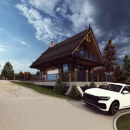 Wizualizacja dwukondygnacyjnego domu z drewnianą elewacją, balkonami z balustradami ze szkła i podjazdem z kostki, z białym SUV-em na pierwszym planie, pod pochmurnym niebem.