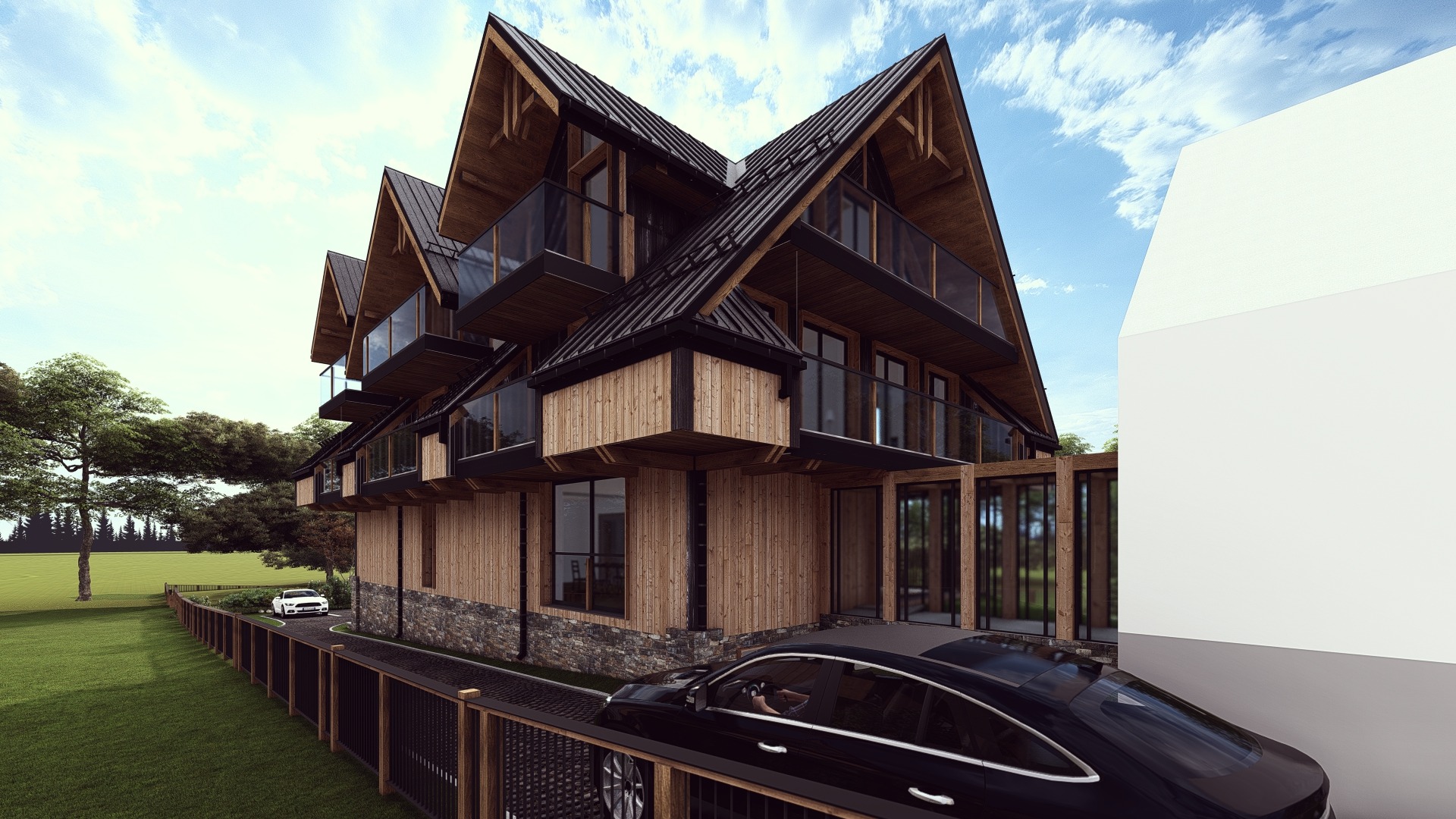 Wizualizacja projektu domu wielorodzinnego z drewnianą elewacją i szklanymi balkonami w Czerwiennem, z widocznymi dwoma samochodami na podjeździe i ogrodzeniem.
