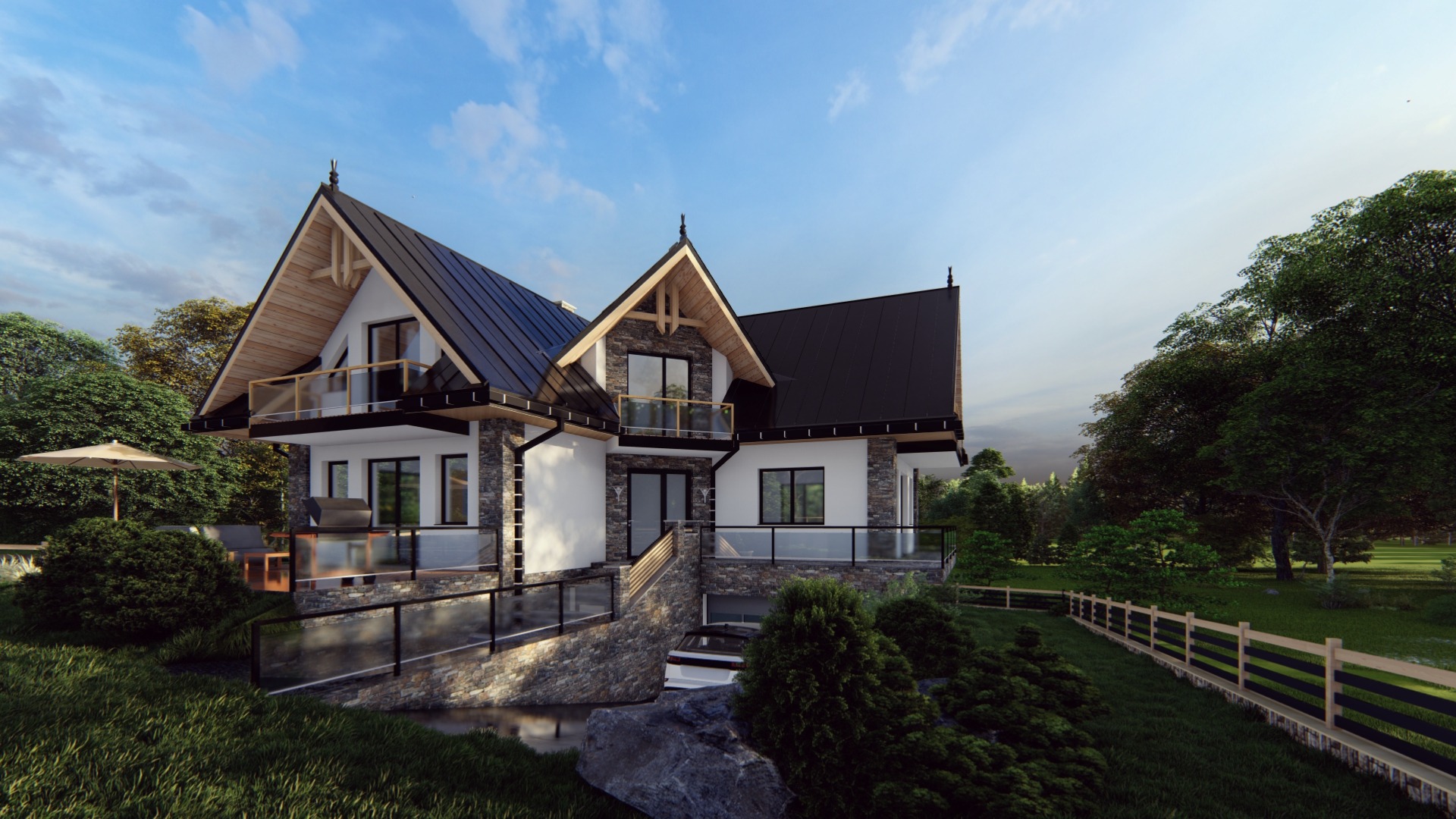 Wizualizacja dwukondygnacyjnego domu z czarnym dachem, kamienną elewacją i balkonami ze szklanymi balustradami, otoczonego zielenią i ogrodzeniem.