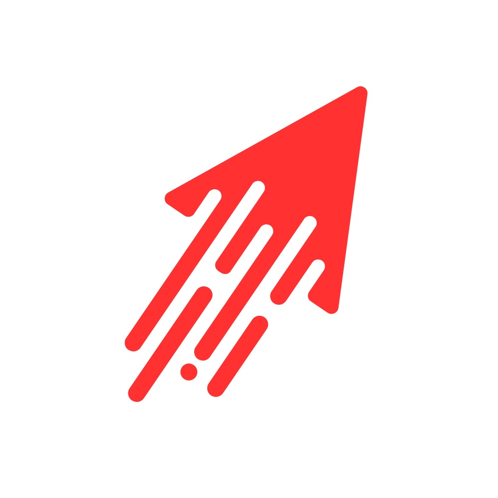 Czerwona strzałka skierowana w górę z efektem prędkości w postaci trzech równoległych, zaokrąglonych linii i kropki, na białym tle.