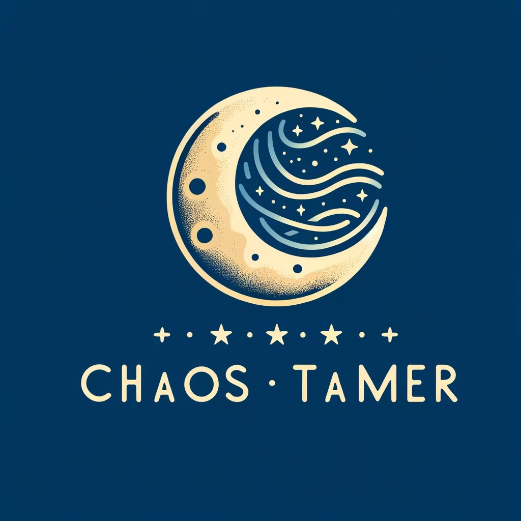 Logo firmy 'Chaos Tamer' z motywem księżyca, gwiazd i fal na granatowym tle.